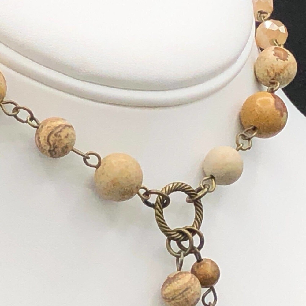 Carol Su 32" Lariat Necklace Jasper Stone Beads Earth Tone Faux Suede 7" Tassel - Picture 7 of 15